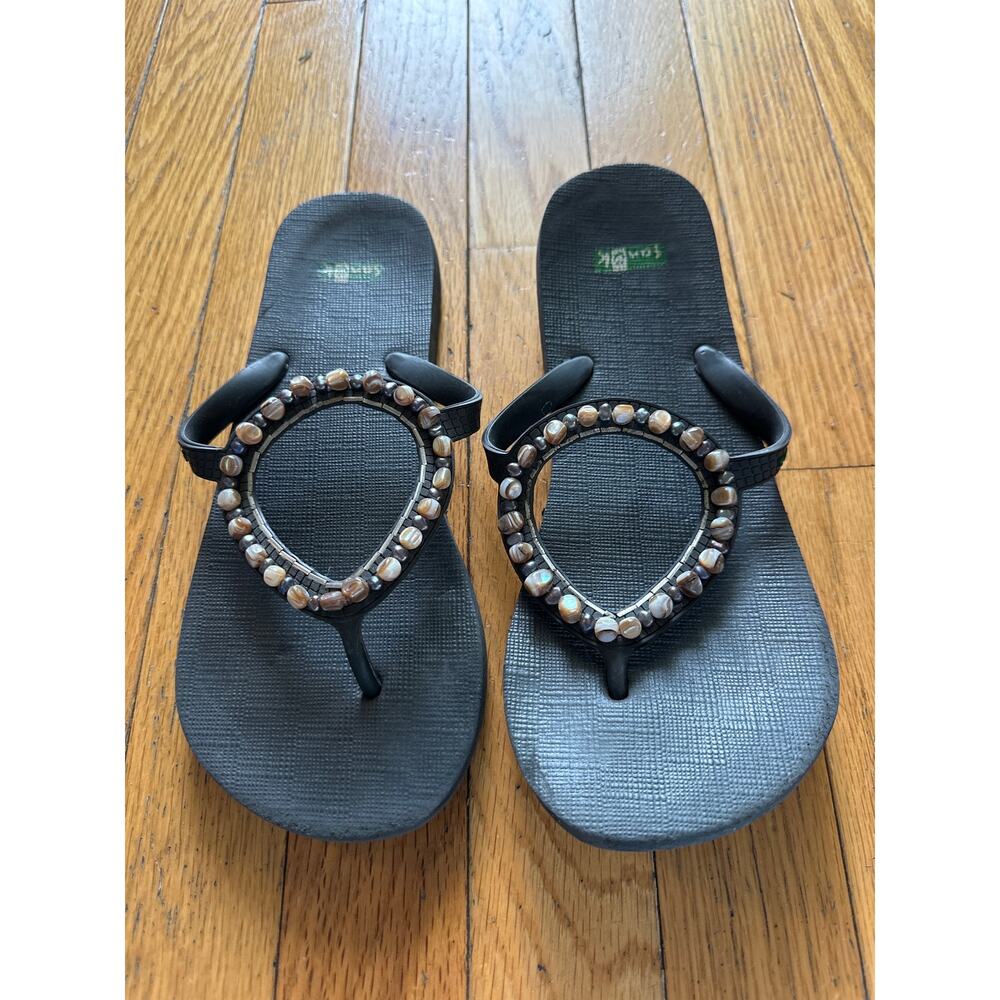 Sanuk Yoga Mat Flip Flops Brown Beaded Thong Sandals Women Size 7
